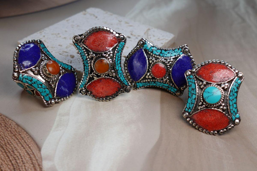 Tibetan Mosaic Heritage Rings – Boho Gemstone-Inspired Statement Rings.