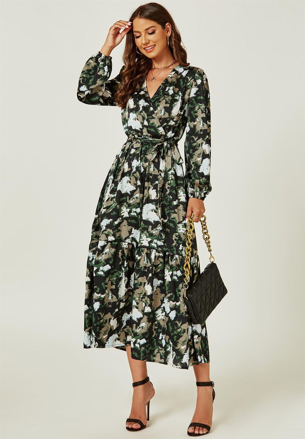 Long Sleeve Wrap Midi Dress In Black Print
