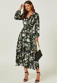 Long Sleeve Wrap Midi Dress In Black Print