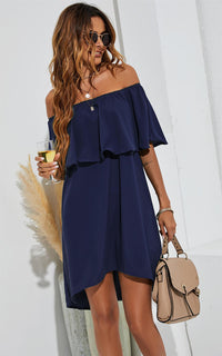 Bardot Frill Off Shoulder Mini Dress In Navy