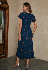 Leopard Print Wrap Hem Midi Dress In Blue