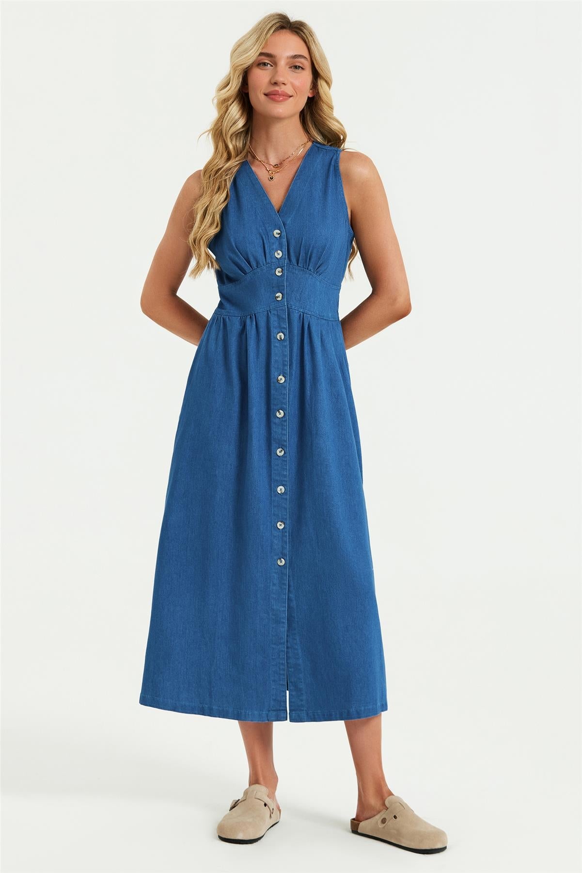 Button Down Denim Midi Dress In Blue