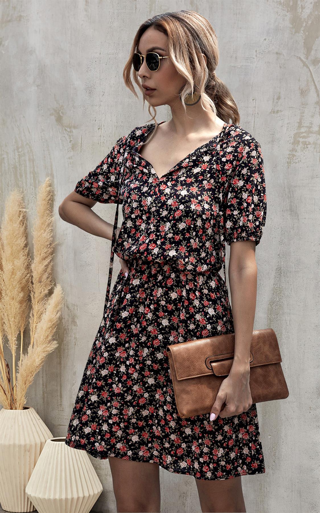 Red Floral Print Summer Dress In Black