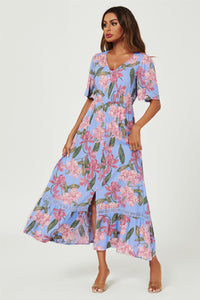 Floral Print Lace Detail Maxi Dress In Blue