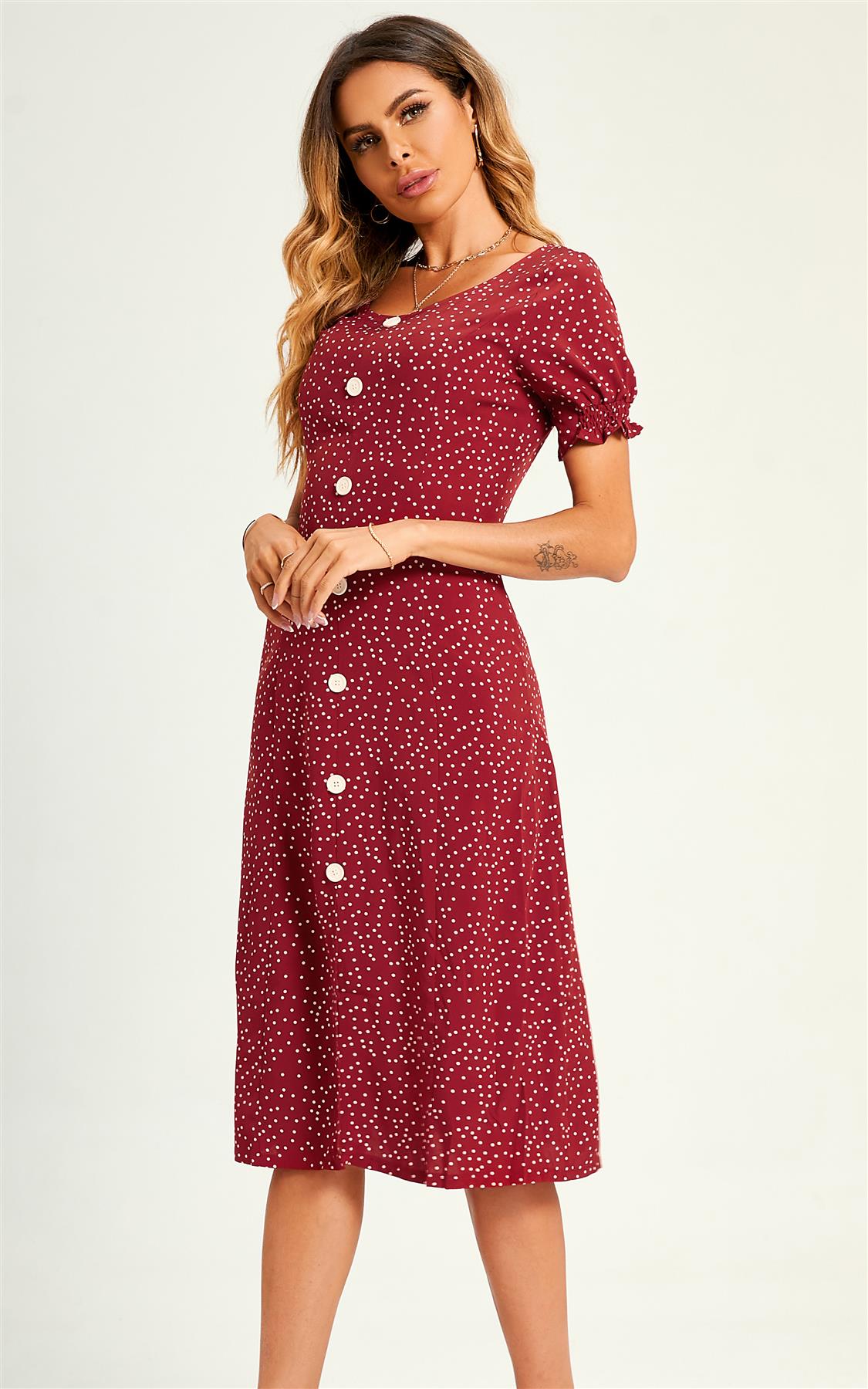 Polka Dot Button Detail Slip Midi Dress In Red