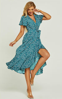 Angel Sleeve Wrap Midi Dress In Green Floral Print
