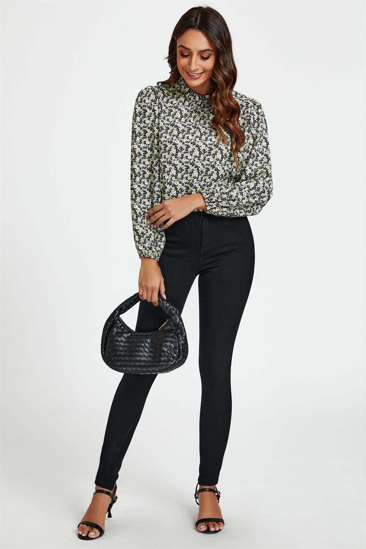 Multi Floral Print Frill Detail High Neck Top In Yellow