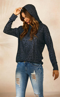 Hoodie Top In Charcoal Grey With Black Animal Print