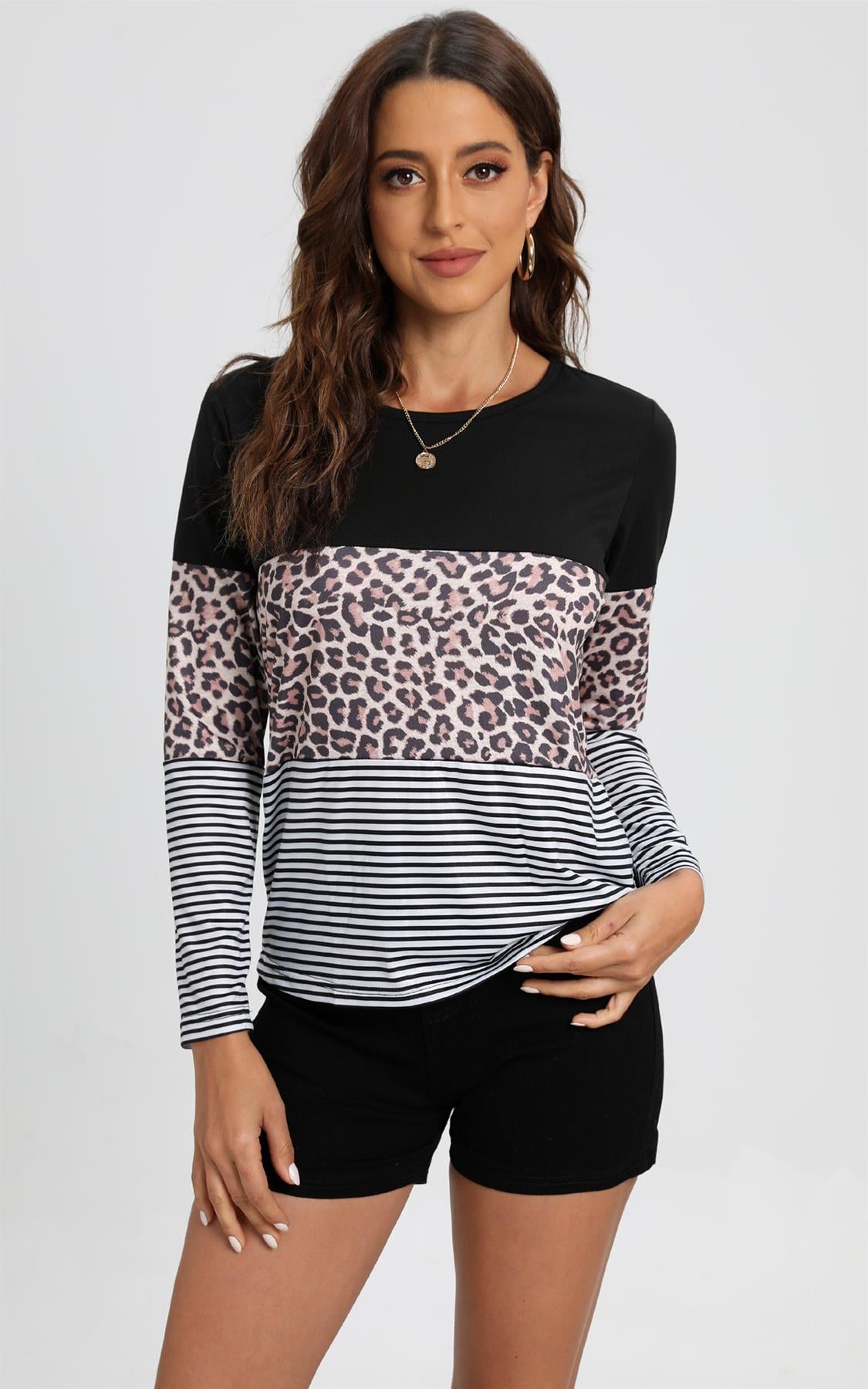 Animal Print & Classic White Striped Top In Black Block