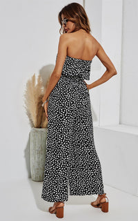 Off Shoulder Jumpsuit In Black & White Leaf Print