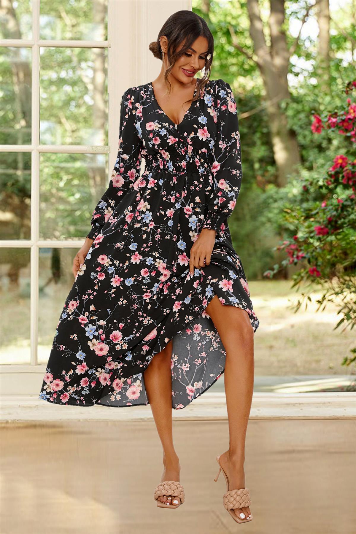 Floral Print Long Sleeve Midi Dress In Black