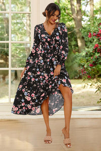 Floral Print Long Sleeve Midi Dress In Black