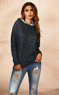 Hoodie Top In Charcoal Grey With Black Animal Print