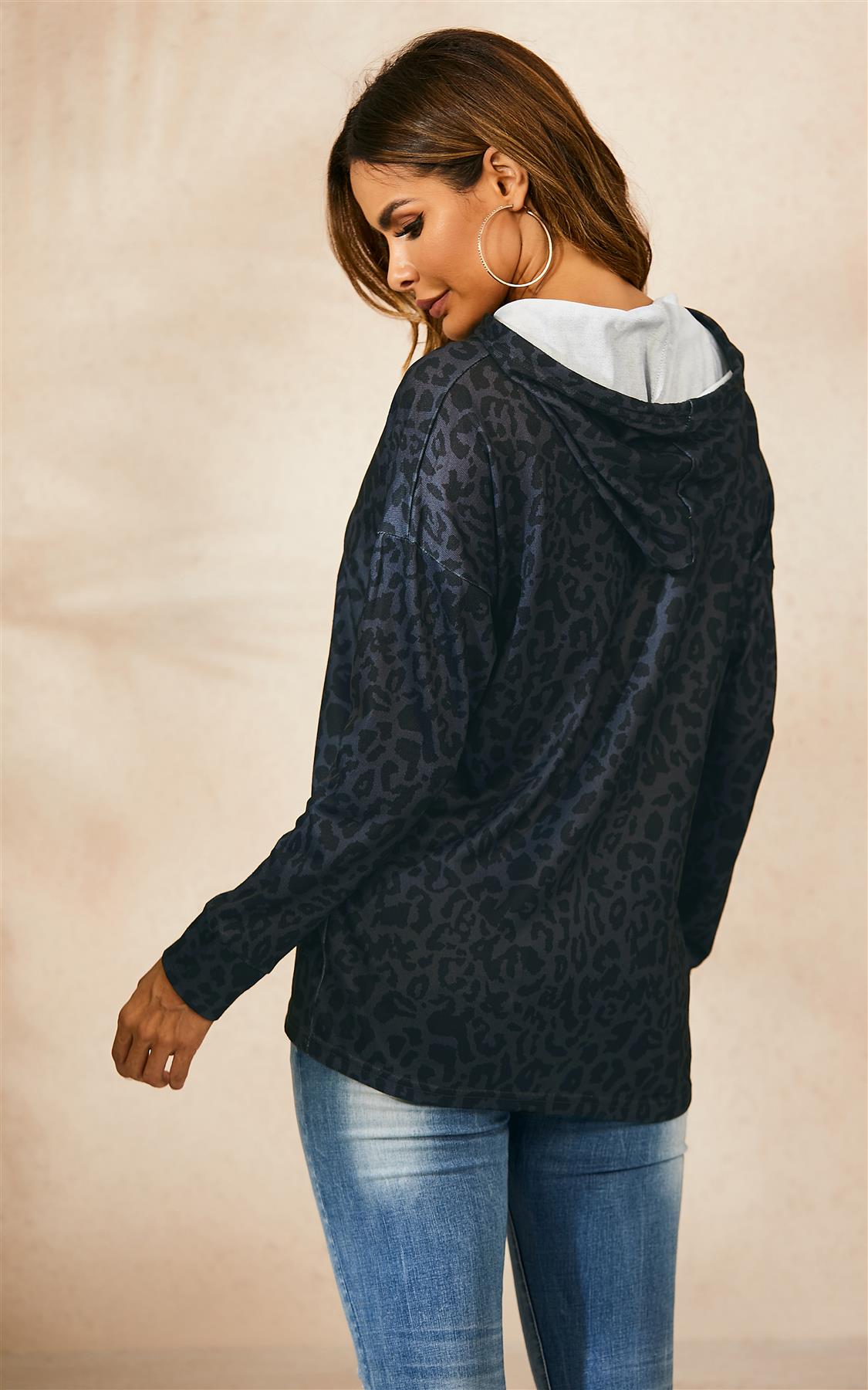 Hoodie Top In Charcoal Grey With Black Animal Print