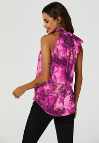 Marble Print Halter Neck Tie Back Top In Fuchsia Pink