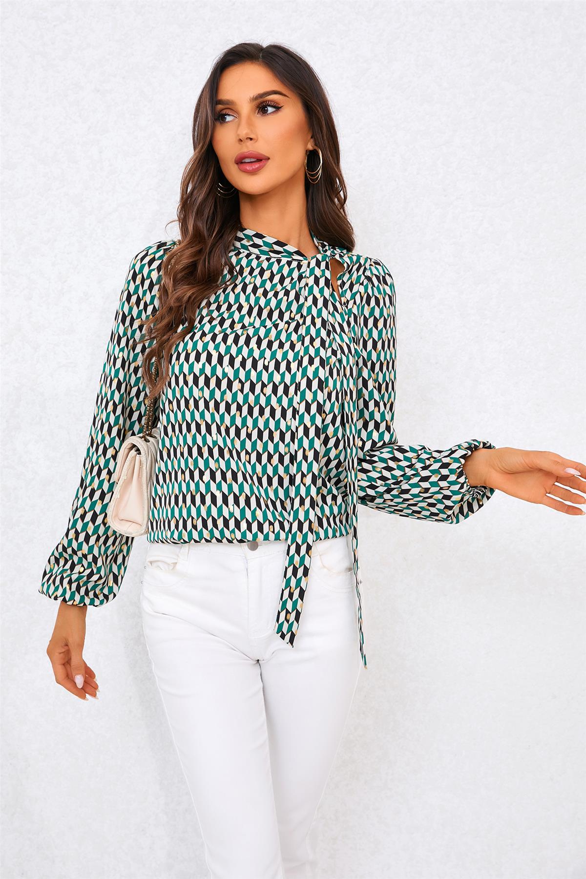 Geo Print Side Tie Blouse Top In Green
