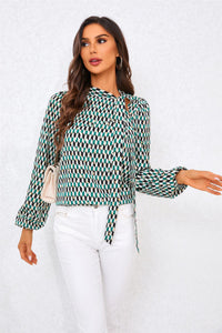 Geo Print Side Tie Blouse Top In Green