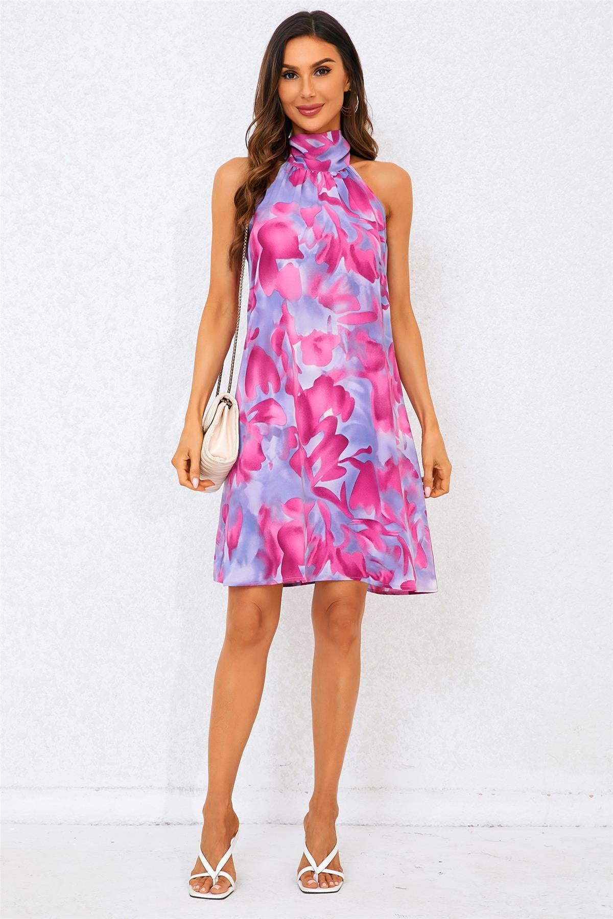 Abstract Floral Print Halter Neck Tie Back Mini Dress In Pink