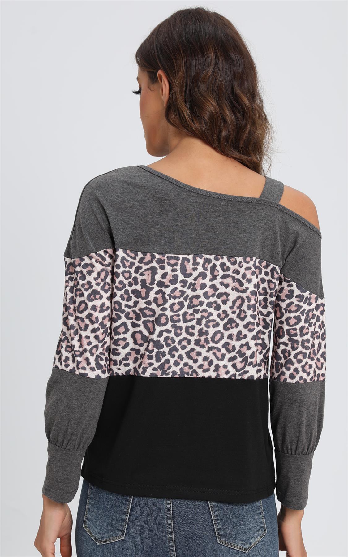 Leopard Print Cold Shoulder Grey Colour Block Relaxed Top In Black