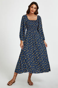 Floral Print Square Neck Maxi Dress In Dark Blue
