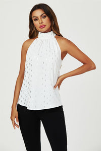 Silver Foil Halter Neck Tie Back Top In White