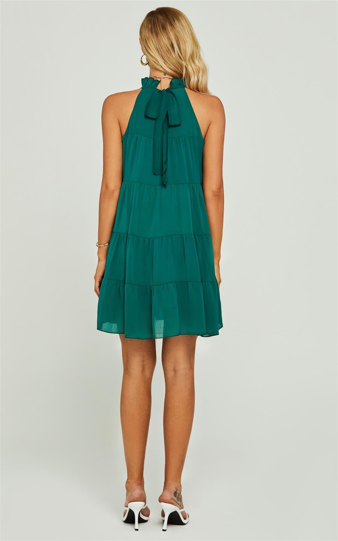 Tie Back Frill Halter Neck Mini Layer Dress In Green