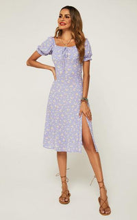 Tie Front Slip Leg Dress In Purple With Flora Print