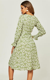 Long Sleeve Slip Leg Midi Dress In Green Flora Print