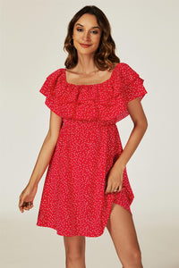 Polka Dot Bardot Frill Mini Dress In Red