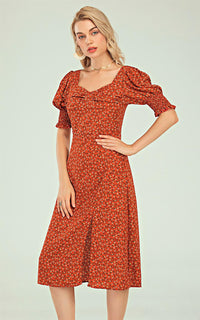 Short Sleeve Split Leg Midi Dress In Red Ditsy Floral Print