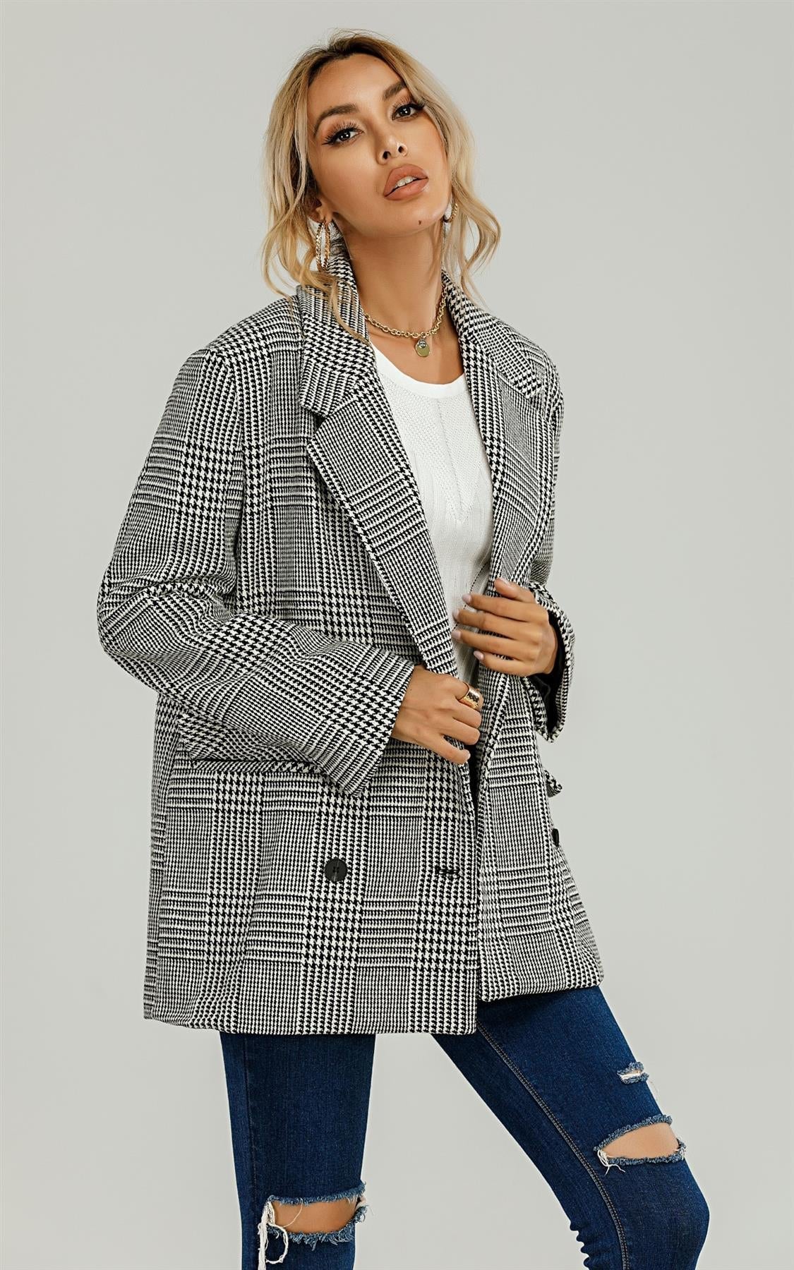 Check Double Breasted Blazer In Black & White