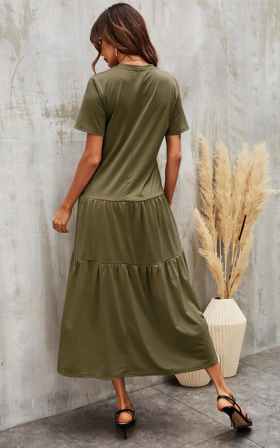 Tiered Midi Oversized Tshirt Dress In Olive Green