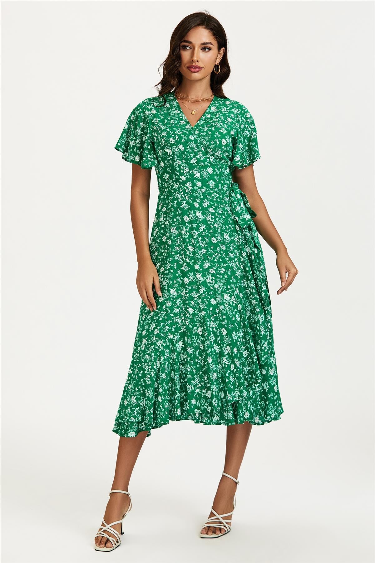 Floral Print Midi Wrap Dress In Green