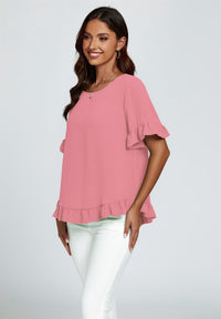 Frill Detail Short Sleeves Top In Powder