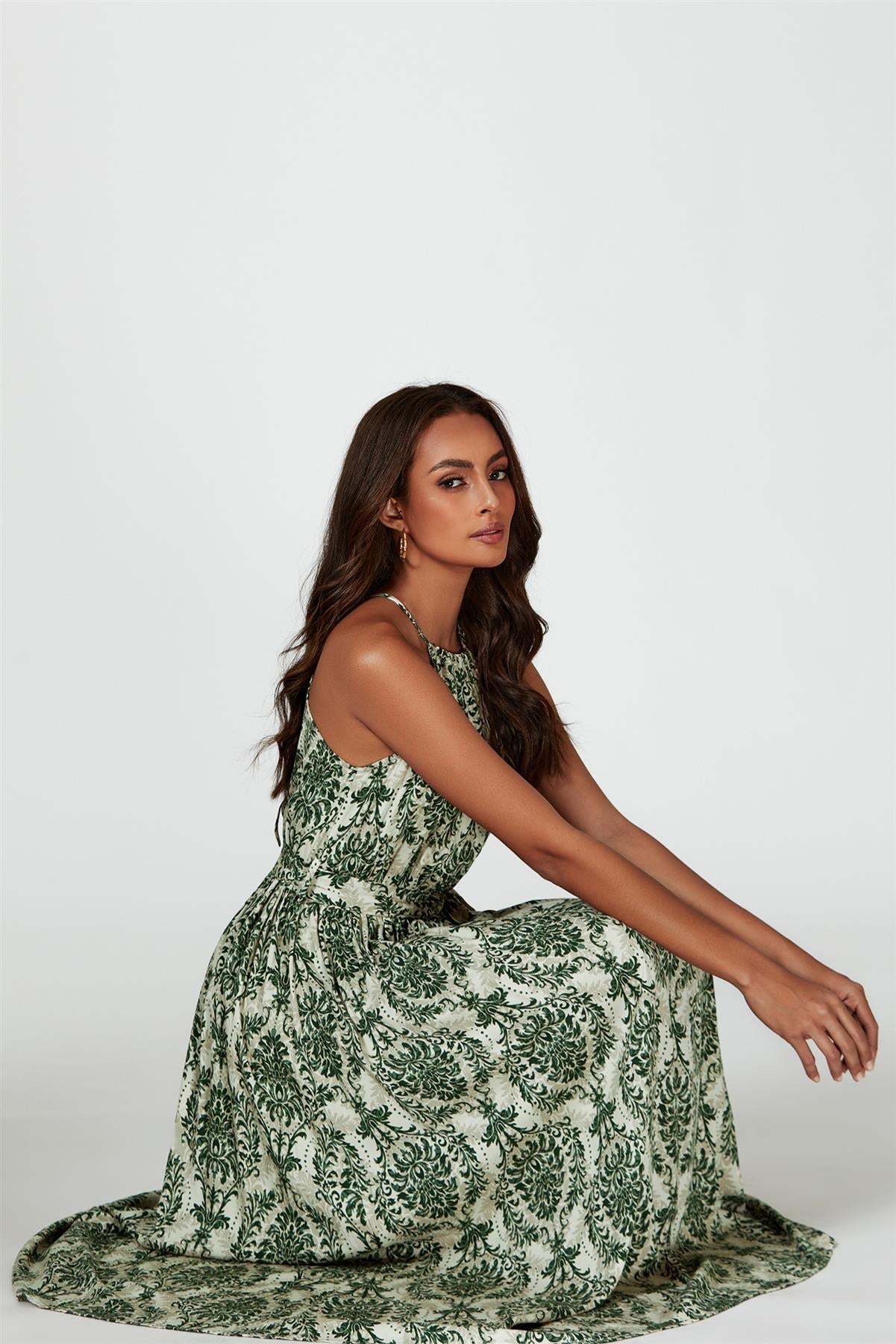 Green & Beige Floral Print Tie Halterneck Maxi Dress