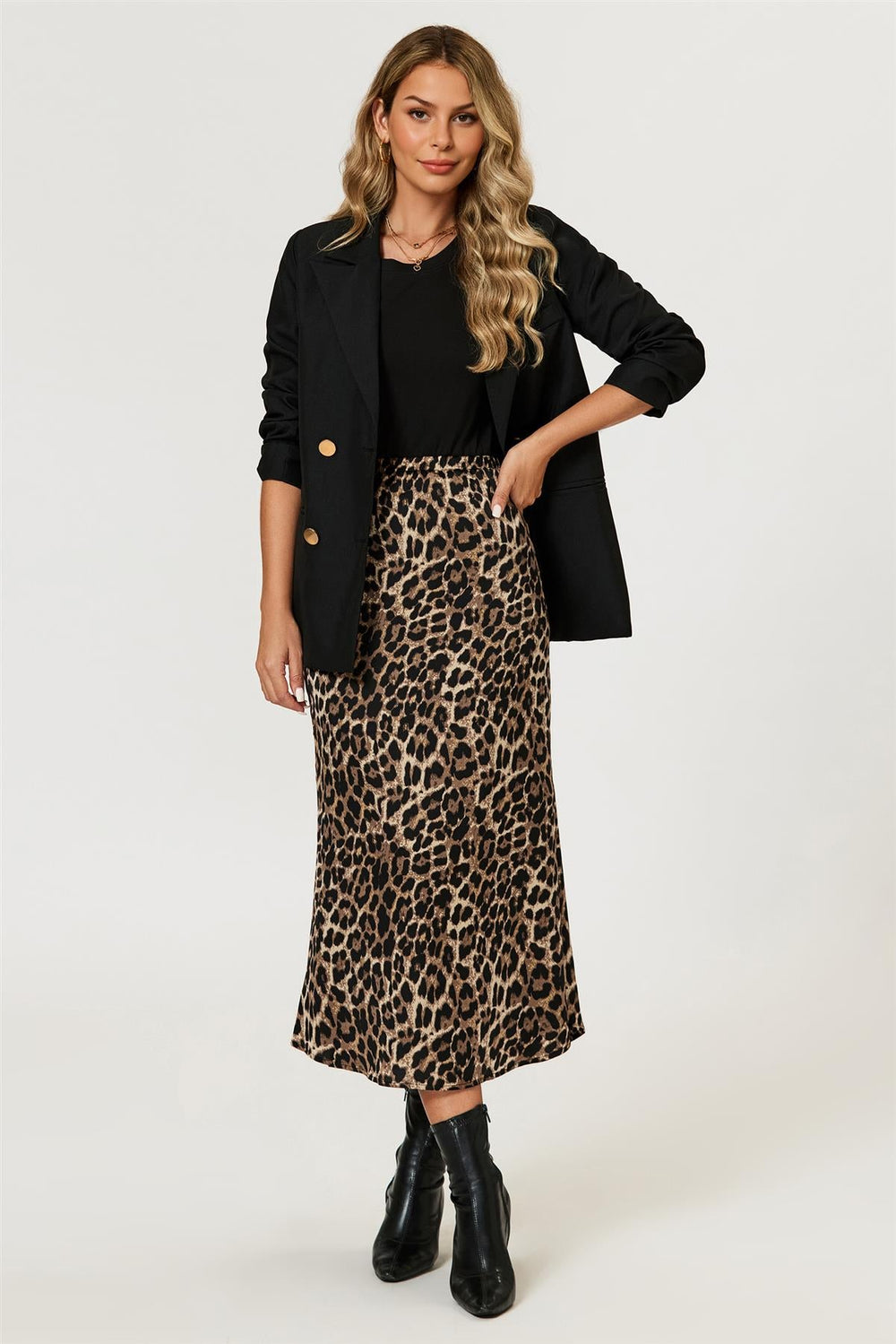 Leopard Print Satin Midi Skirt In Brown