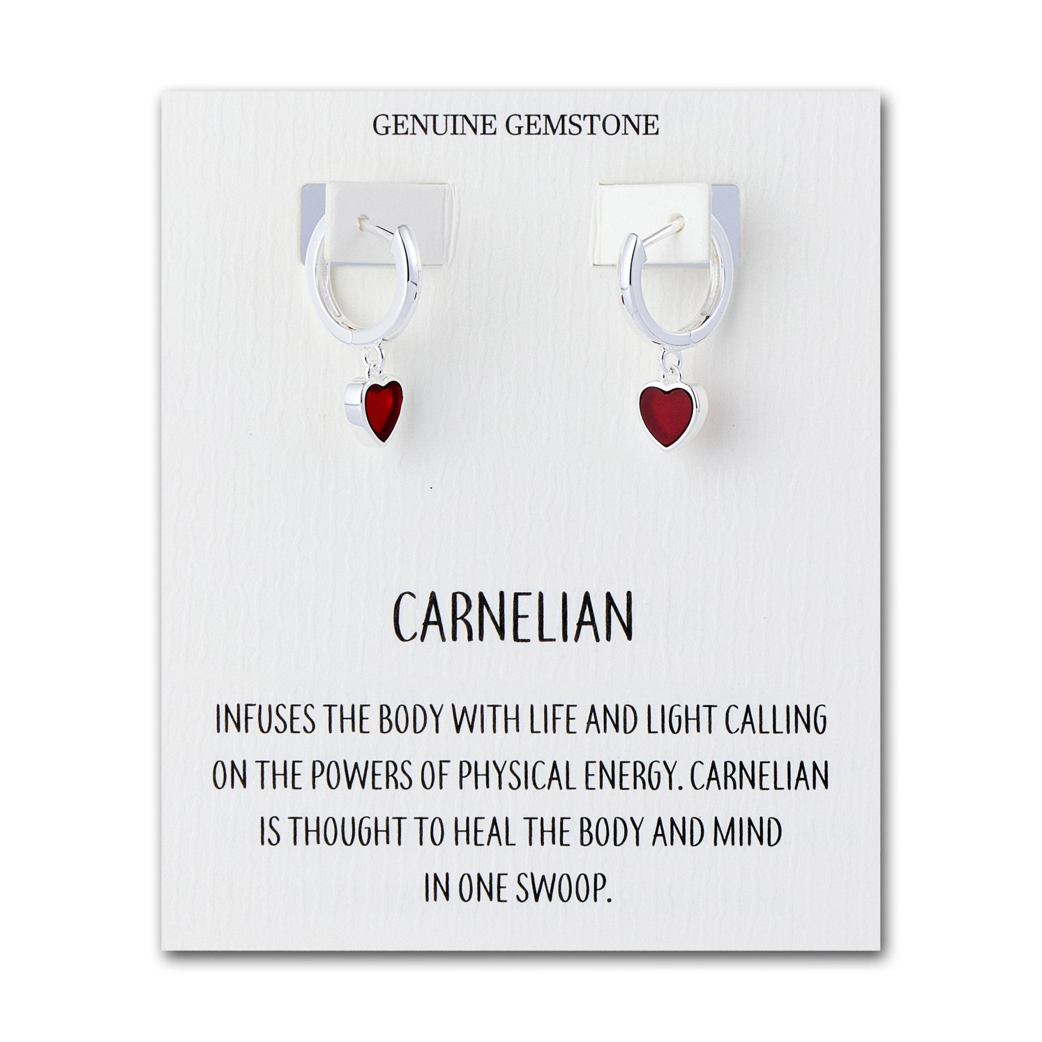 Carnelian Gemstone Heart Charm Hoop Earrings with Quote Card