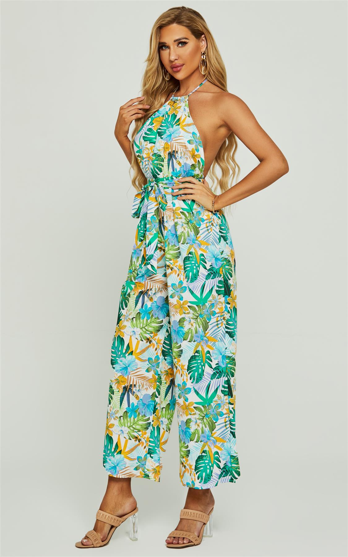 Boho Flora Print Halter Neck Jumpsuit In Green