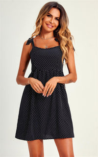 Polka Dot Print Hem Detail Strap Mini Dress In Black