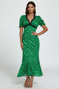 Polka Dot Jacquard Lace Trim Midi Dress In Green