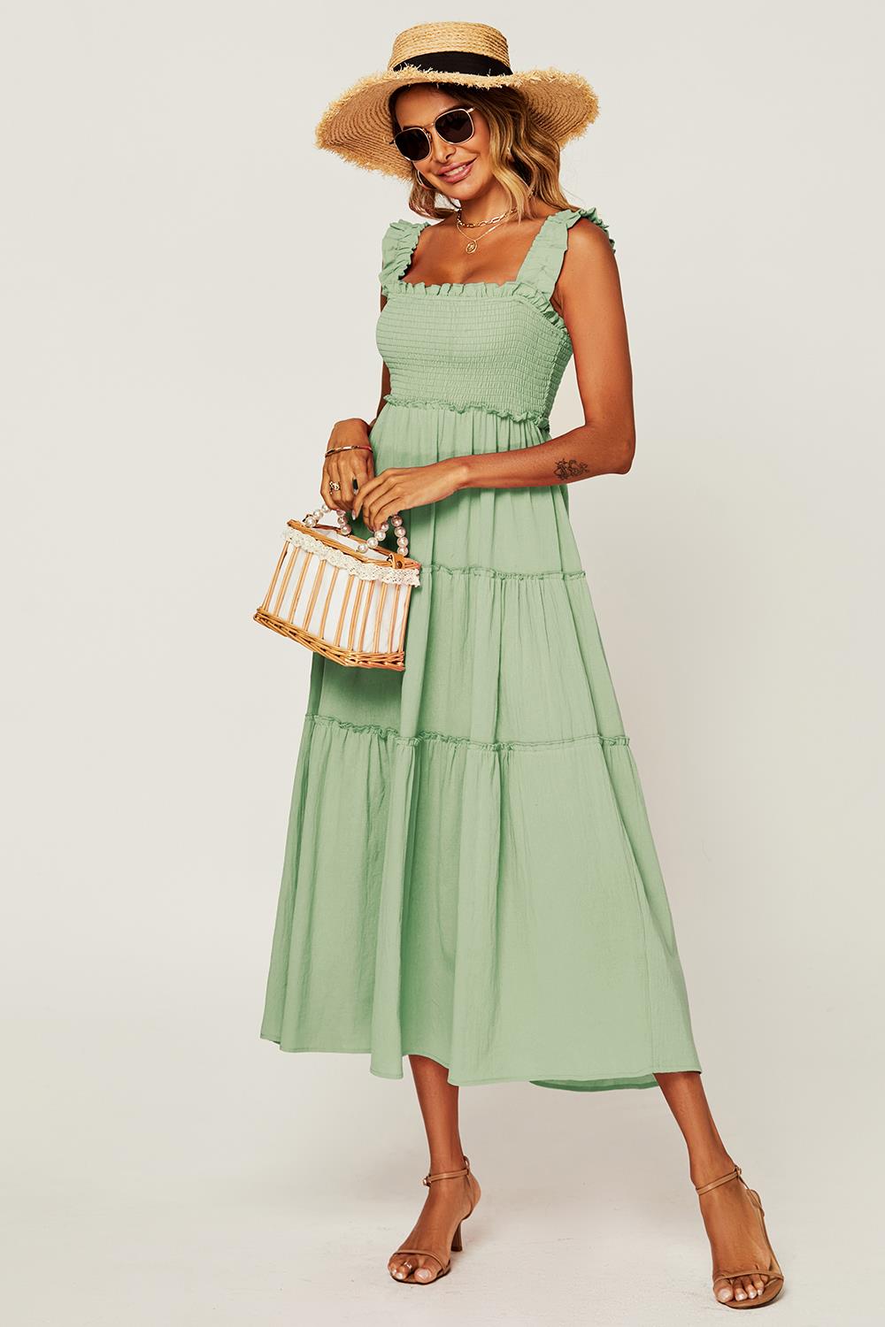 Hem Detail Tiered Maxi Dress In Light Green