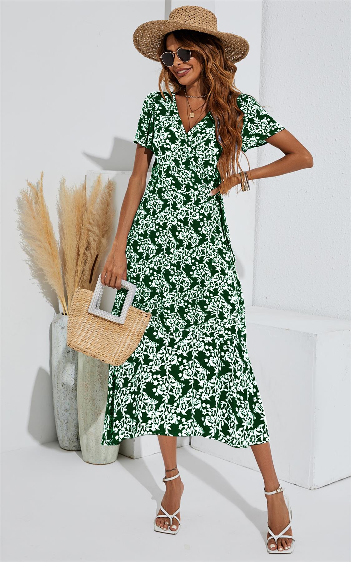 White Floral Print Wrap Midi Dress In Dark Green