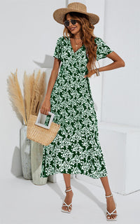 White Floral Print Wrap Midi Dress In Dark Green