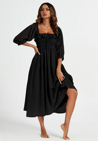 Frill Detail Square Neckline Midi Dress In Black