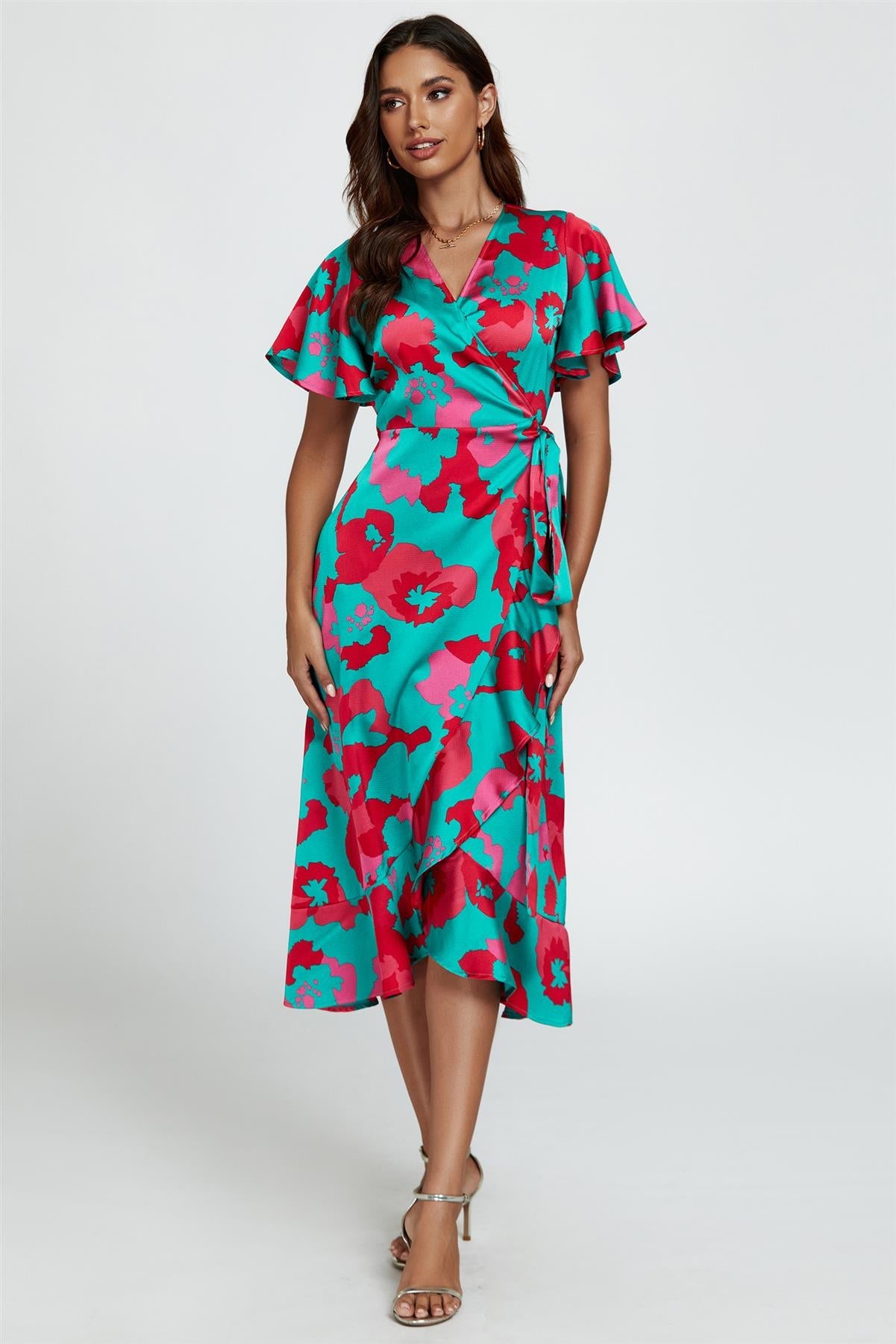 Leopard Print Angel Sleeve Wrap Midi Blue Pink