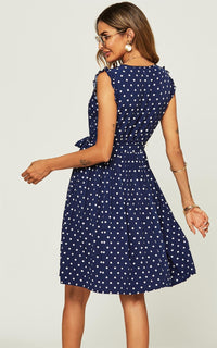 Polka Dot Frill Sleeve Midi Dress In Navy