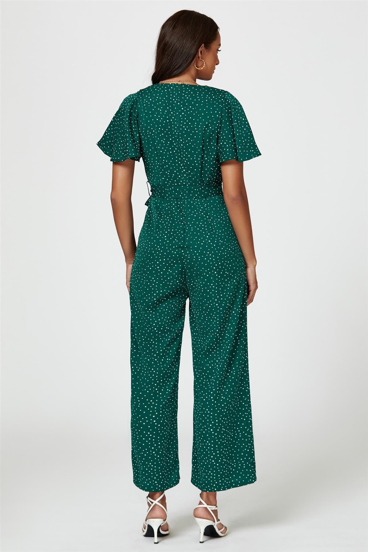 Dot Print Wrap Top Jumpsuit In Green