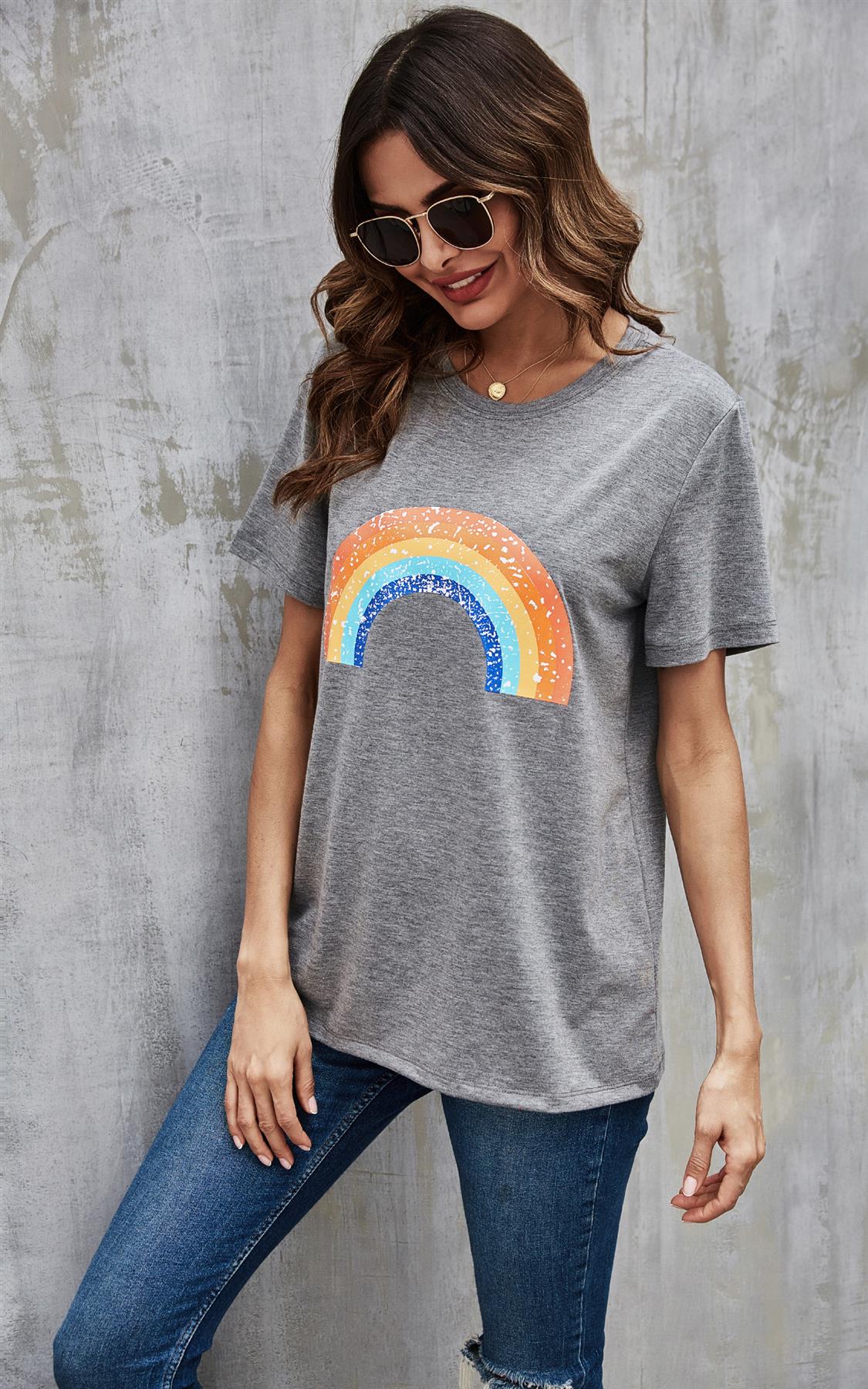 Rainbow Print T Shirt Top In Grey