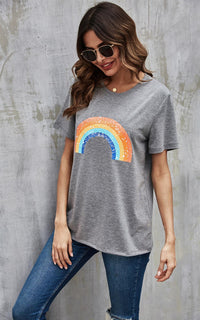 Rainbow Print T Shirt Top In Grey