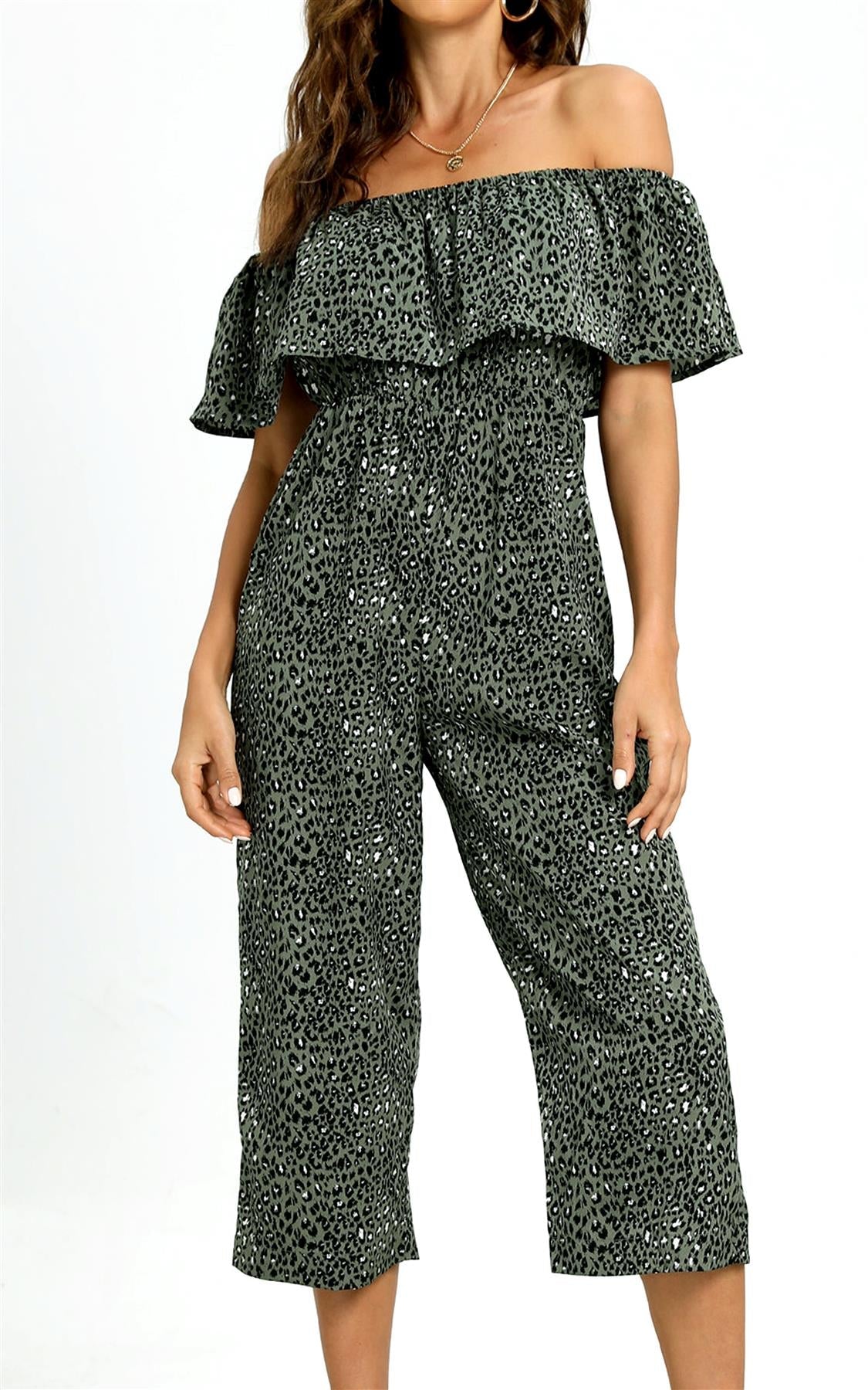 Leopard Print Bardot Ruffles Hem Jumpsuit In Khaki Green